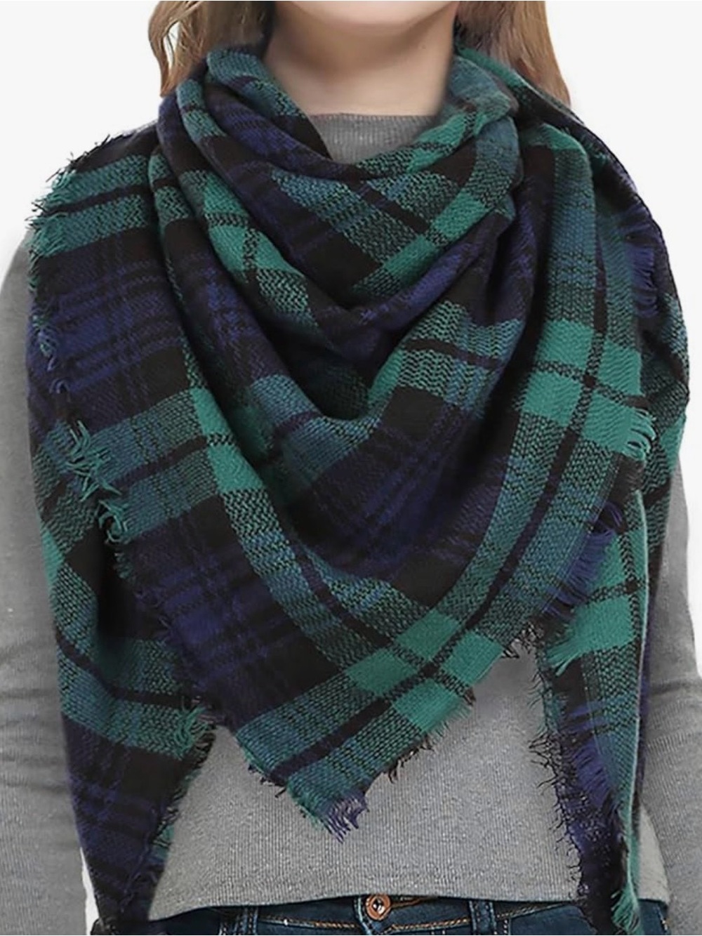Greeneries Bridal - green & Navy Plaid Fringe Blanket Scarf